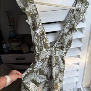 Green and White Tropical Midi Dress with Ruffle Details